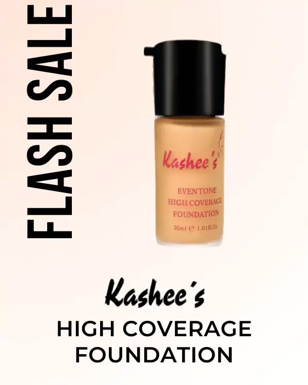 Bottle of Kashees Eventone High Coverage Liquid Foundation, suggesting a flawless finish. Flash sale