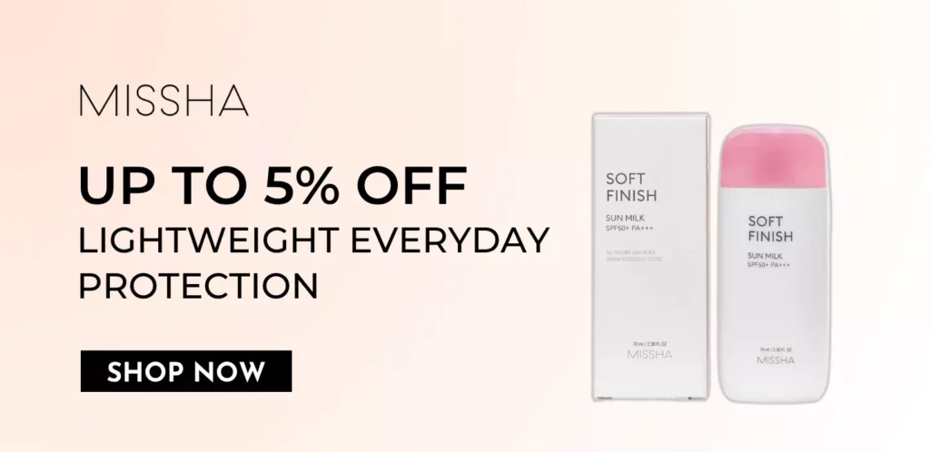 Blue and white bottle of MISSHA All Around Safe Block Soft Finish Sun Milk. Uptp 5% off