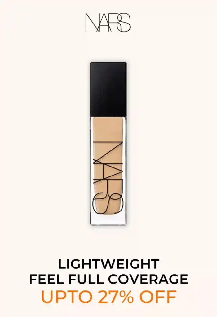 Glass bottle of Nars Natural Radiant Longwear Foundation showing the shade. Upto 27% off