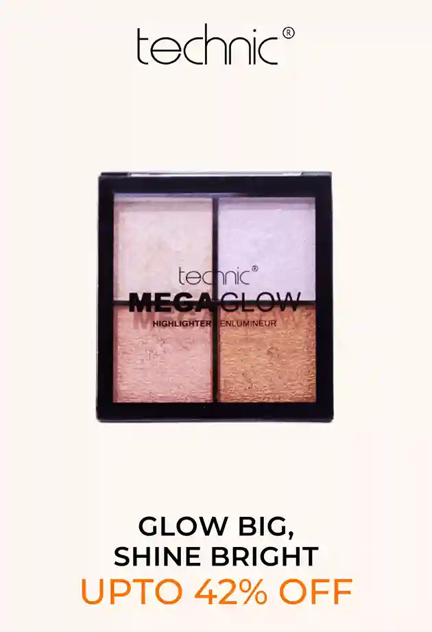 Open Technic Mega Glow Highlighter Palette showing four radiant shades. Upto 42% off