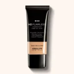 Absolute New York HD Flawless Fluid Foundation এর স্বচ্ছ কাঁচের বোতল এবং কালো ক্যাপ