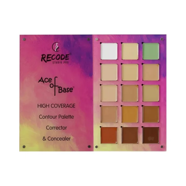 Open view of the Recode Beauty Concealer Colour Corrector Contour Palette with 15 shades